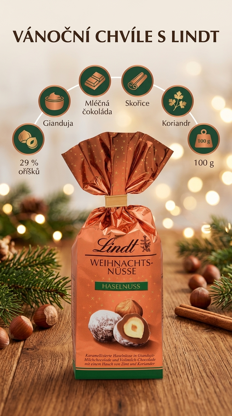 Lindt Vánoční lískový oříšek v čokoládě 100g - mobilní infografika