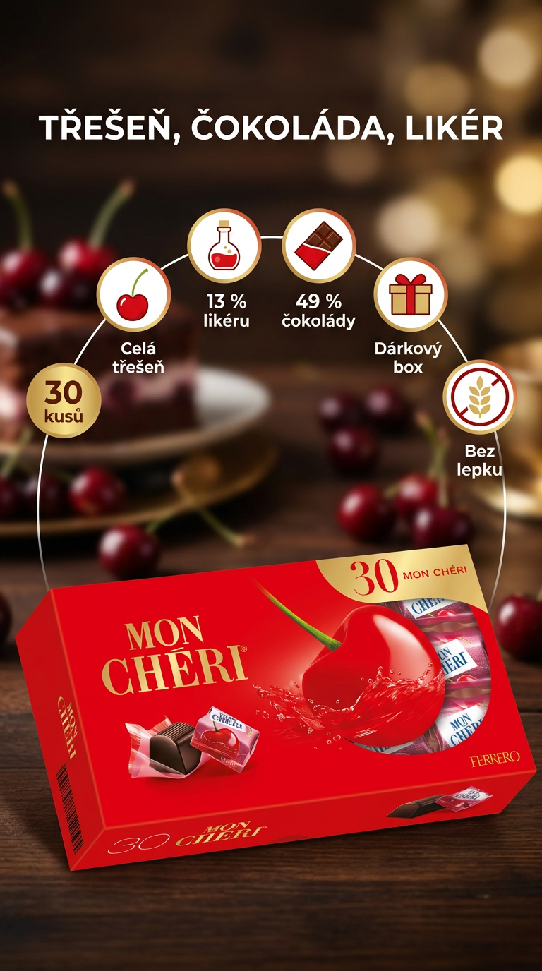 Mon Chéri 30 ks – mobilní infografika třešňových pralinek