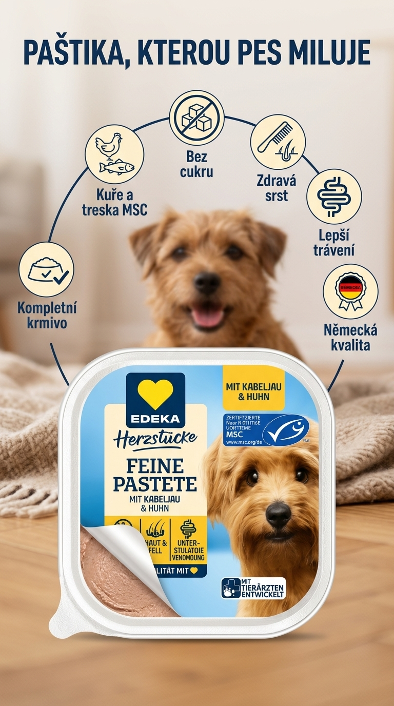 Edeka paštika pro psy s kuřecím a treskou 150 g - mobilní infografika