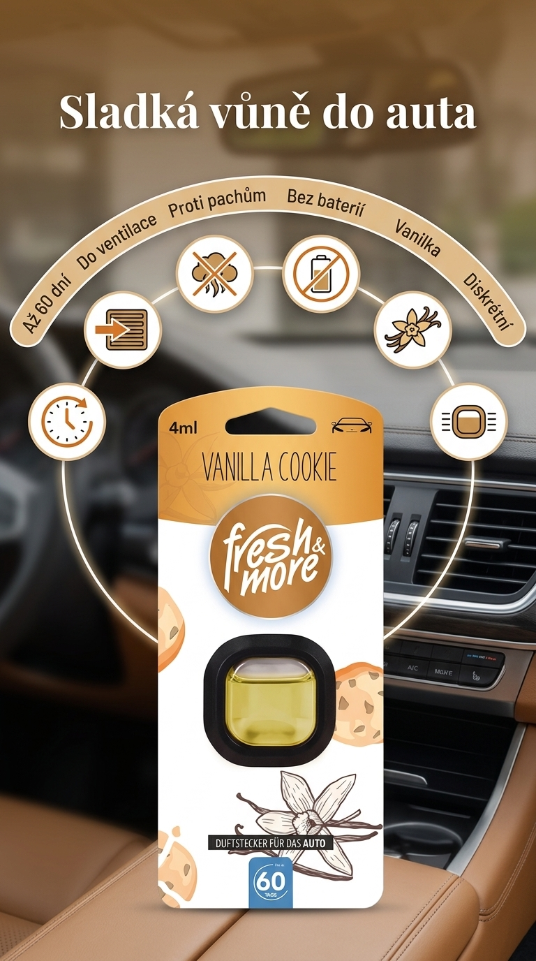 Fresh & More Osvěžovač vzduchu do auta Vanilla Cookie 4 ml - mobilní infografika