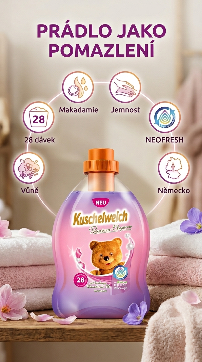 Kuschelweich Premium Elegance s makadamským olejem 28 dávek 750 ml - mobilní infografika