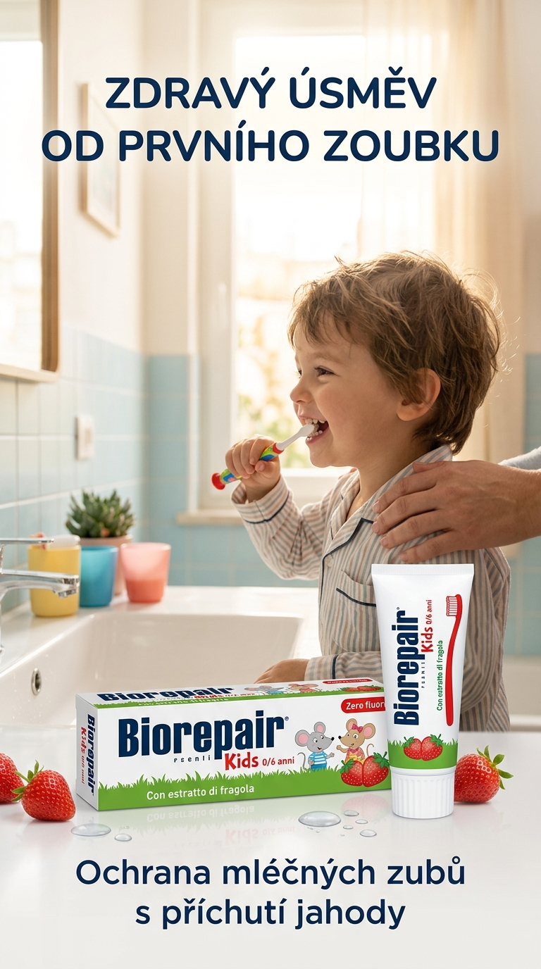 Biorepair Kids dětská zubní pasta jahoda 0-6 let - lifestyle poster