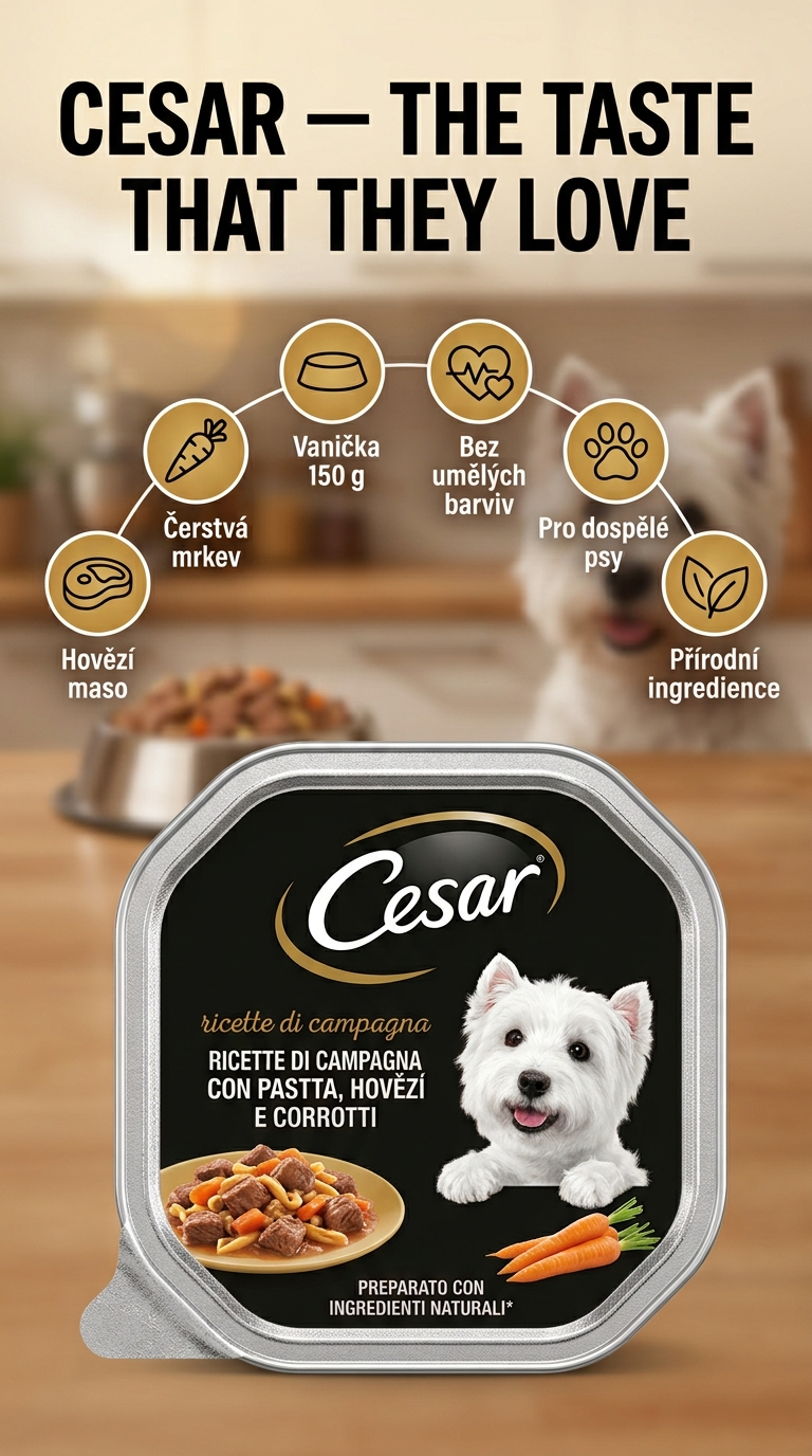 Cesar paštika pro psy s těstovinami, hovězím masem a mrkví 150 g - mobilní infografika
