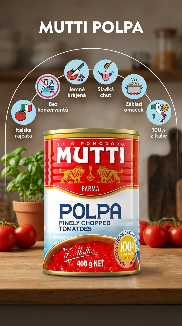 Mutti Polpa krájená rajčata - mobilní infografika