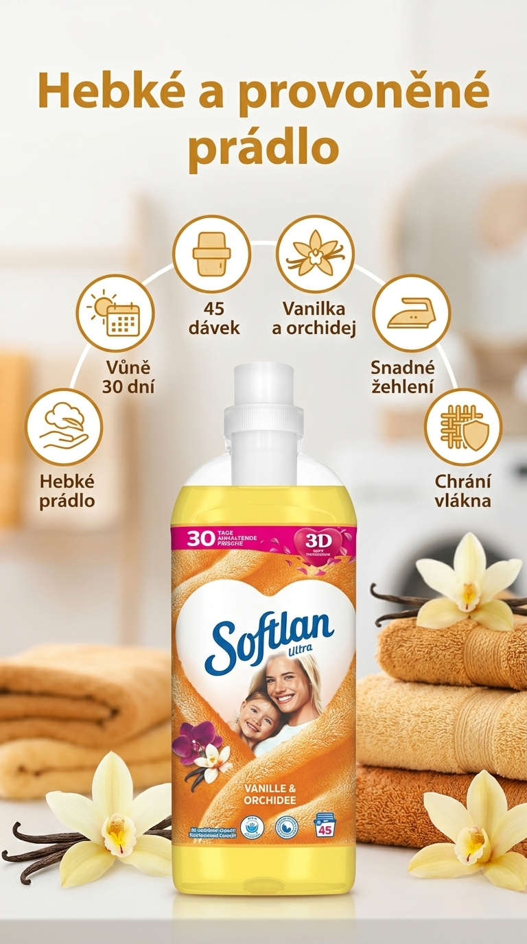 Softlan 3D Ultra aviváž s vůní vanilky a orchideje - mobilní infografika
