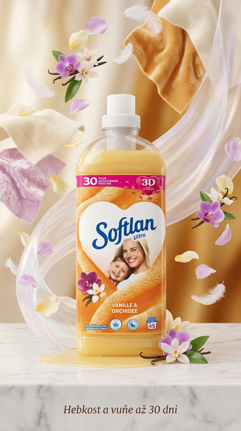 Softlan 3D Ultra aviváž s vůní vanilky a orchideje - lifestyle poster