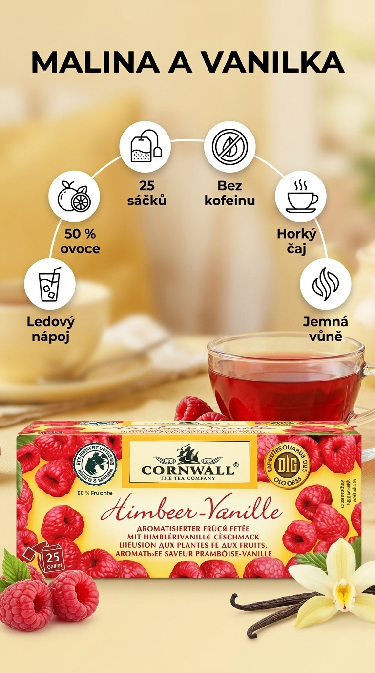 Cornwall Ovocný čaj s malinami a vanilkou - mobilní infografika