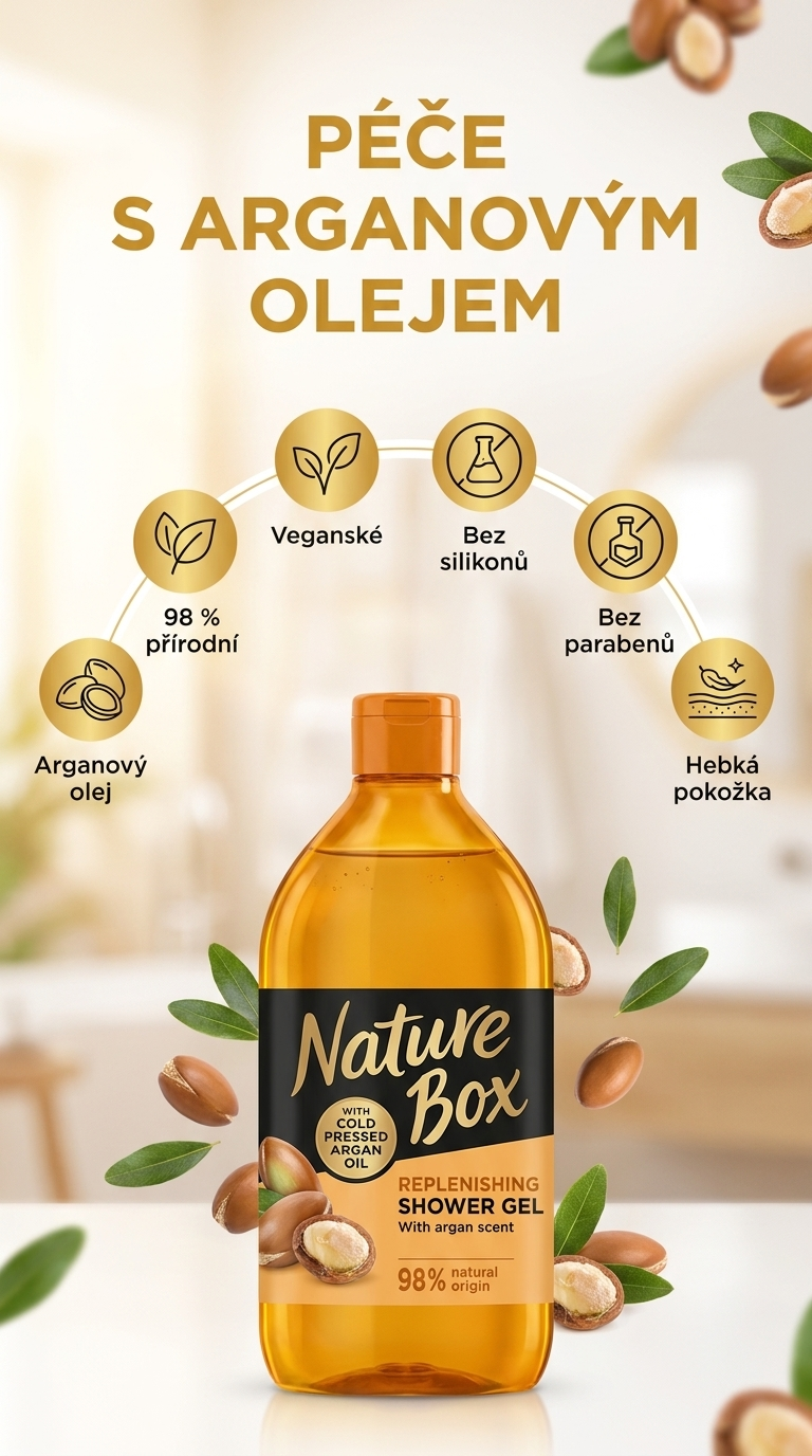 Nature Box sprchový gel s arganovým olejem - mobilní infografika