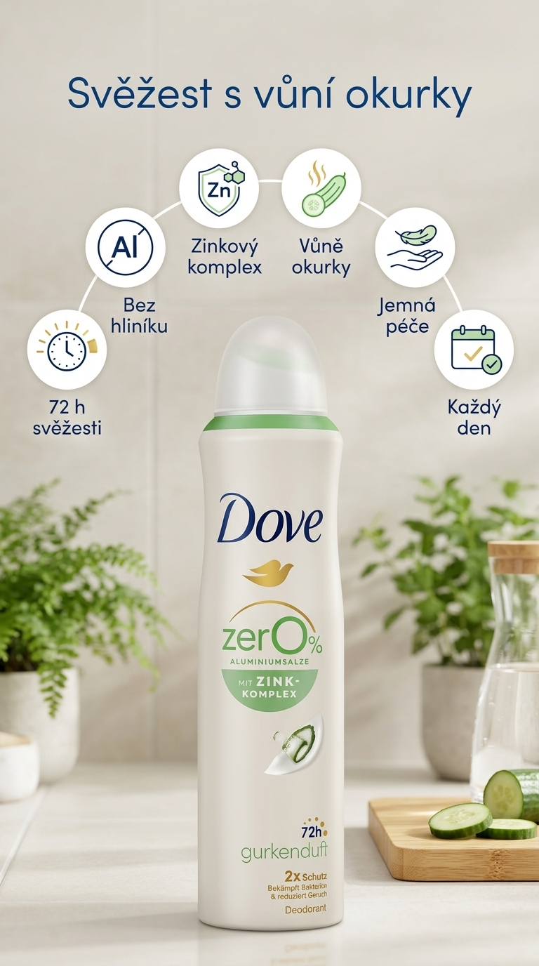 Dove deodorant ve spreji se zinkovým komplexem a vůní okurky 150 ml - mobilní infografika