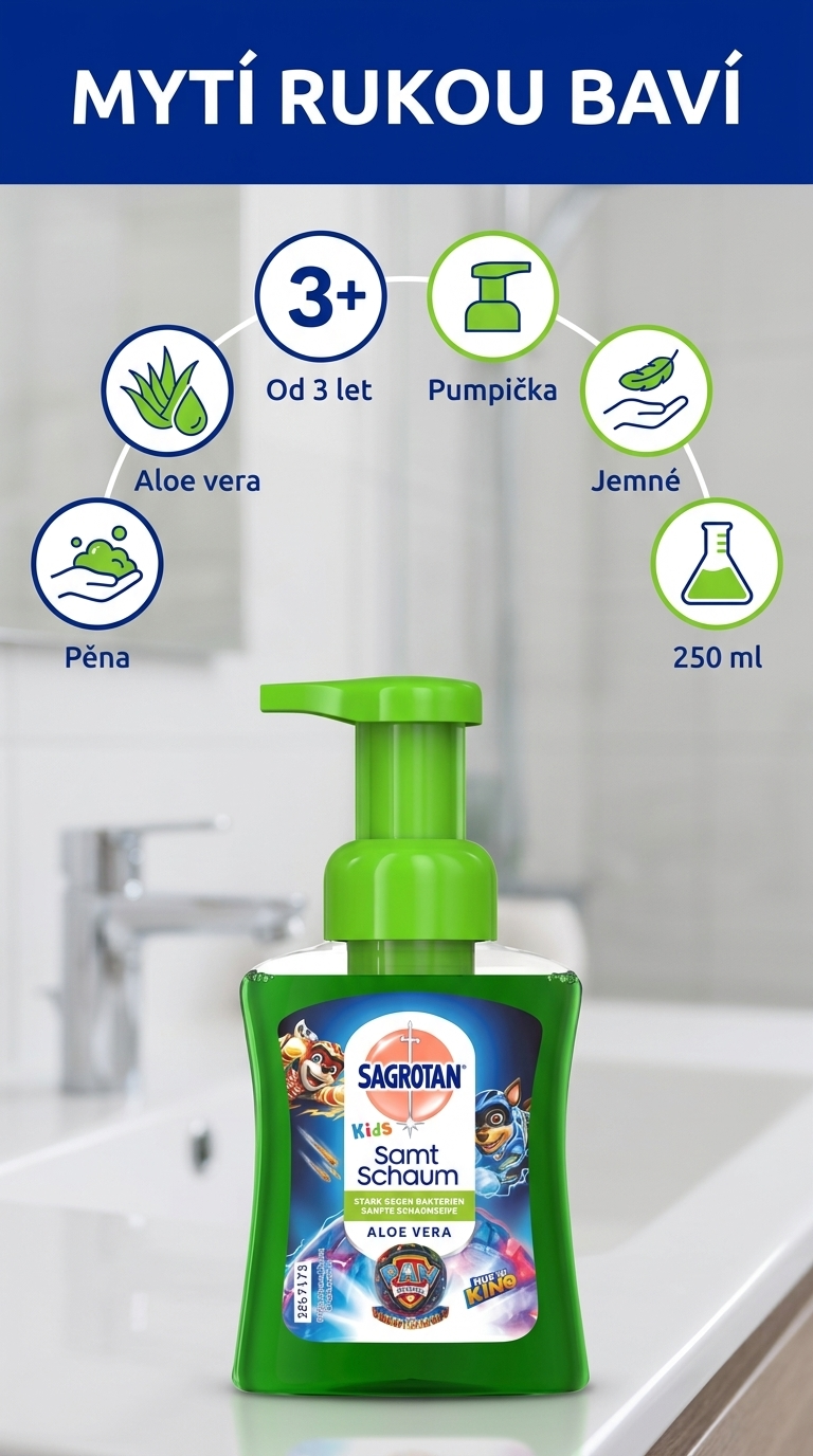 Sagrotan Kids pěnové mýdlo - mobilní infografika