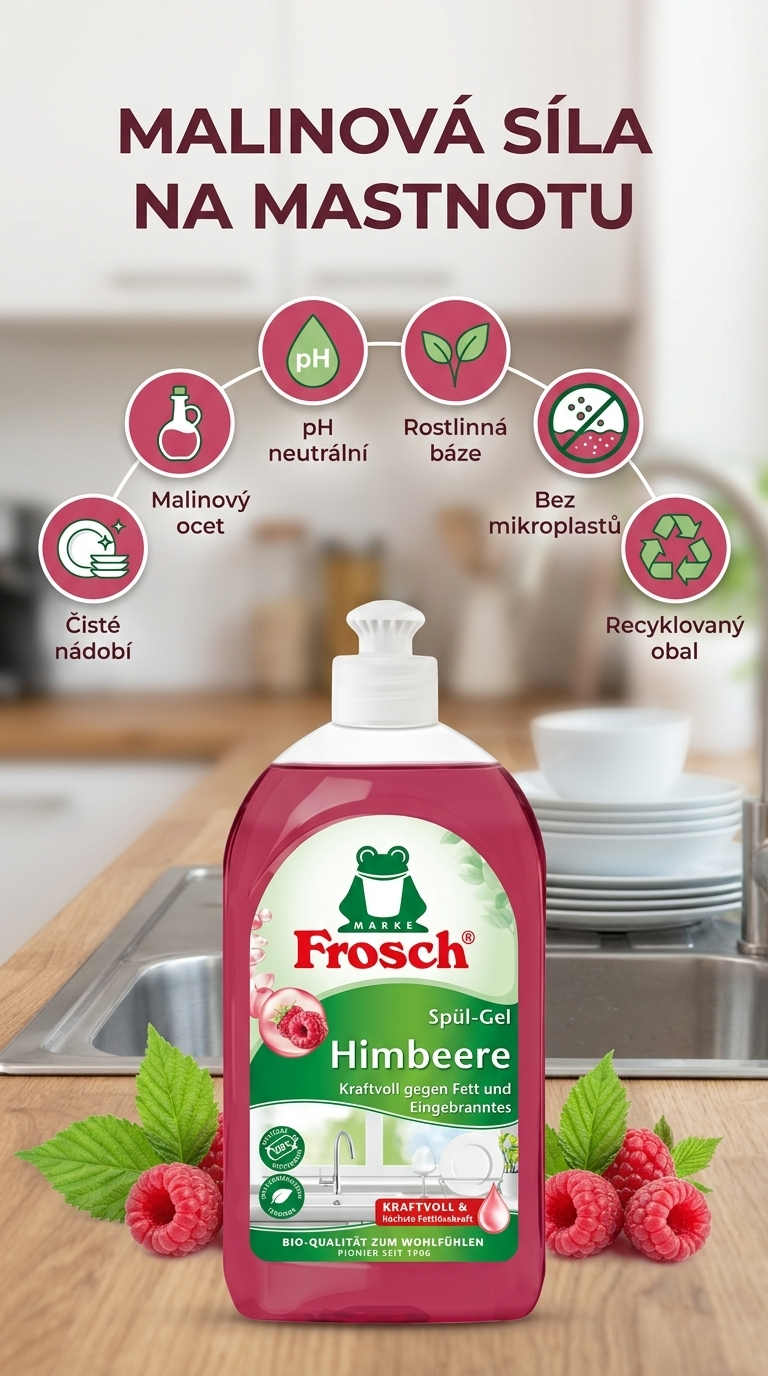 Frosch malinový gel na nádobí - mobilní infografika