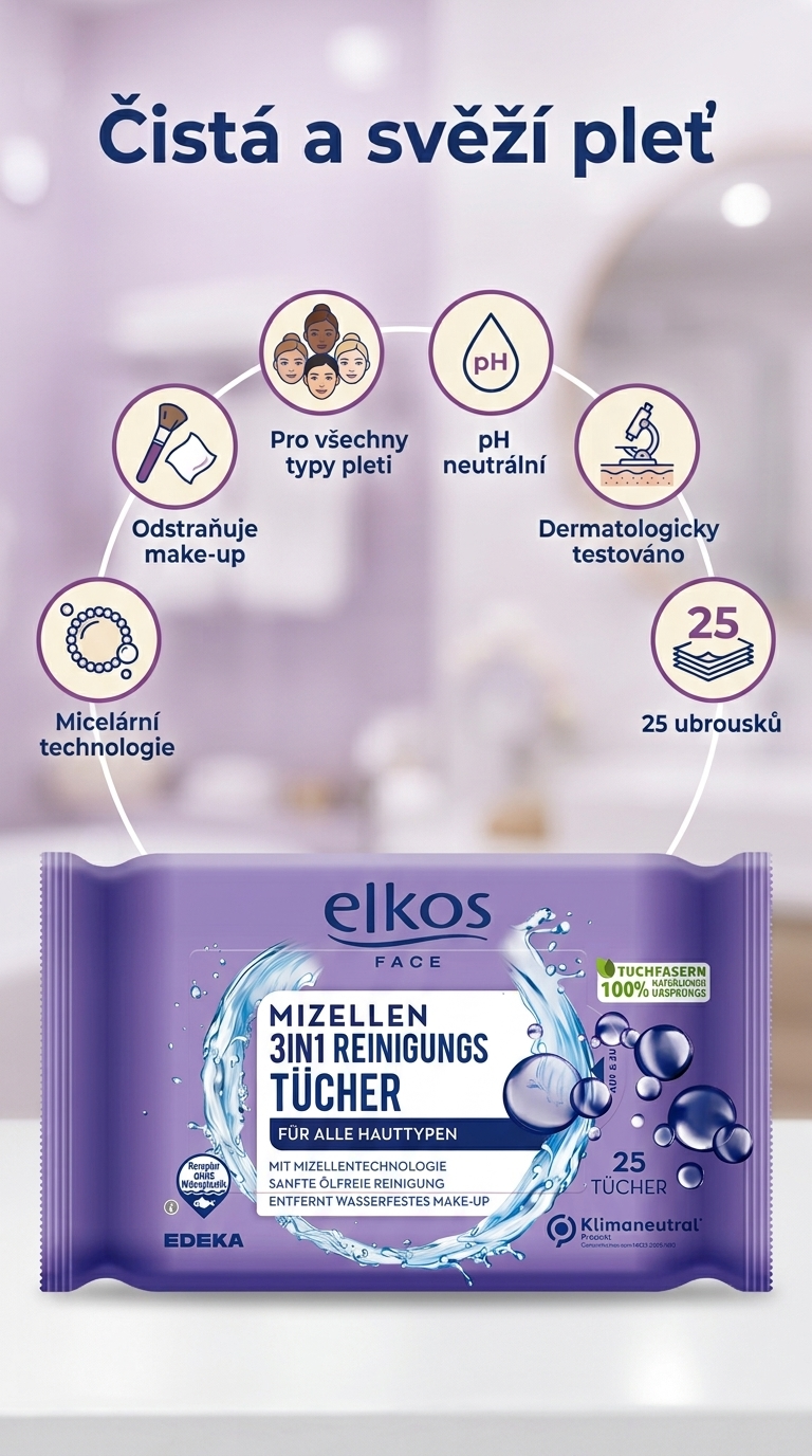 Elkos micelární čisticí ubrousky 3v1 - mobilní infografika