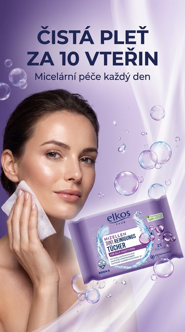 Elkos micelární čisticí ubrousky 3v1 - lifestyle plakát