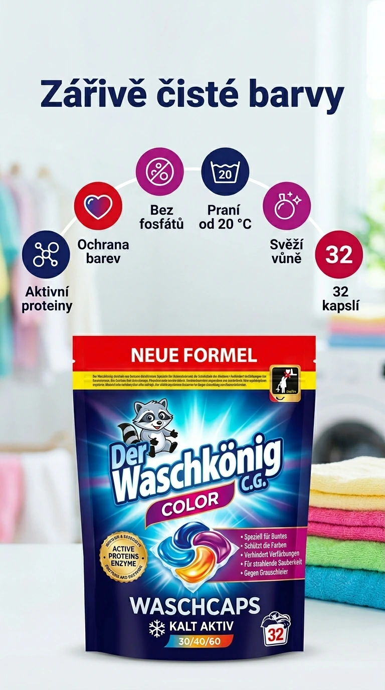 WaschKönig kapsle na praní Active Proteine 5v1 Color 32 ks - mobilní infografika