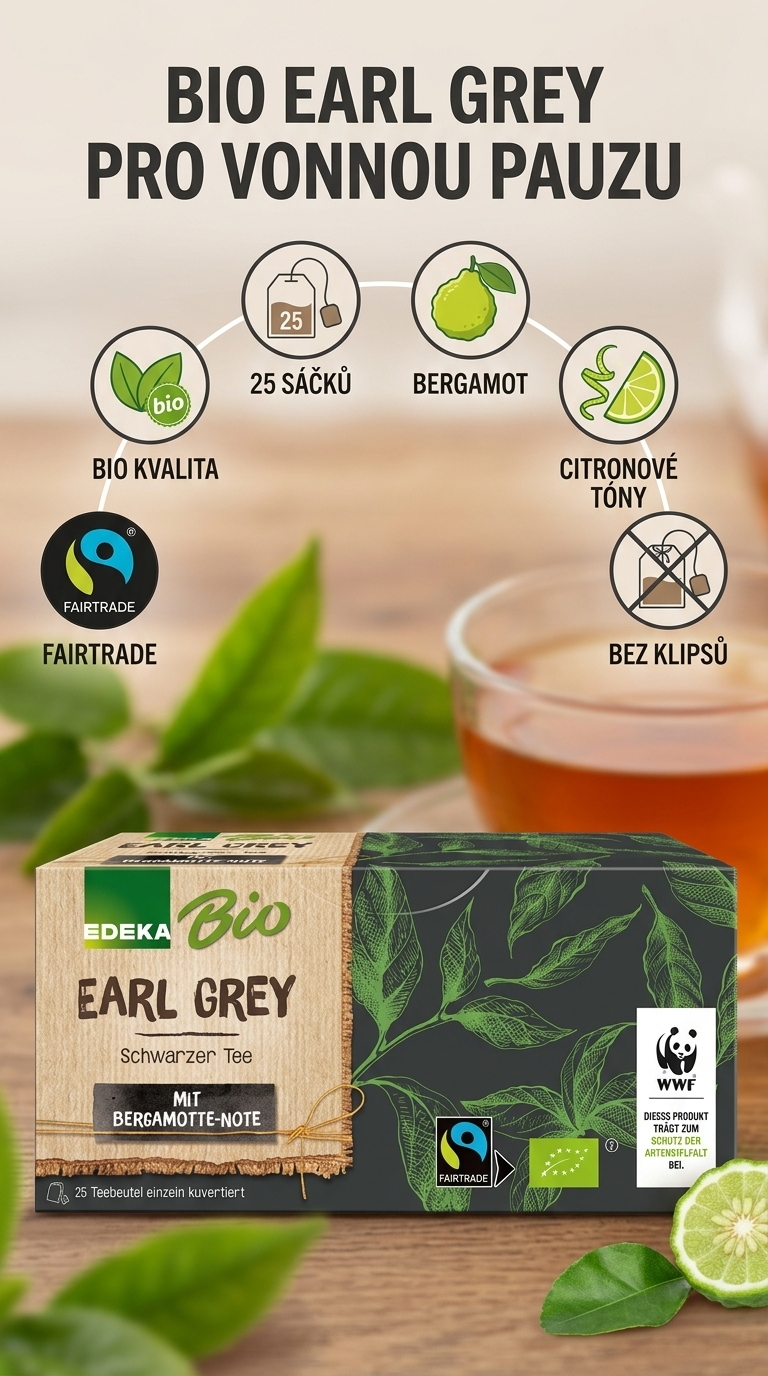 Edeka Bio černý čaj Earl Grey - mobilní infografika