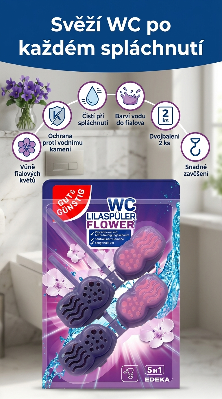 G&G závěsný WC blok s vůní fialových květů – mobilní infografika
