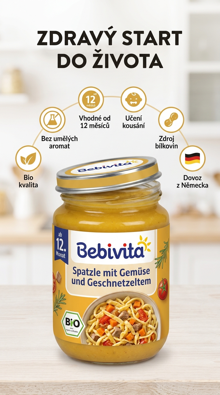 Bebivita 12+ Bio špecle se zeleninou a trhaným masem - mobilní infografika