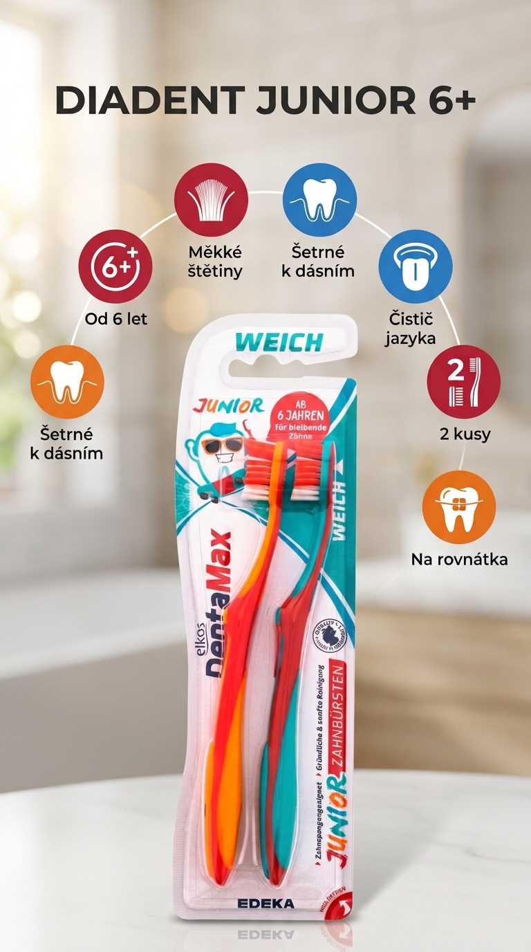 Diadent Junior 6+ zubní kartáčky měkké 2 ks - mobilní infografika