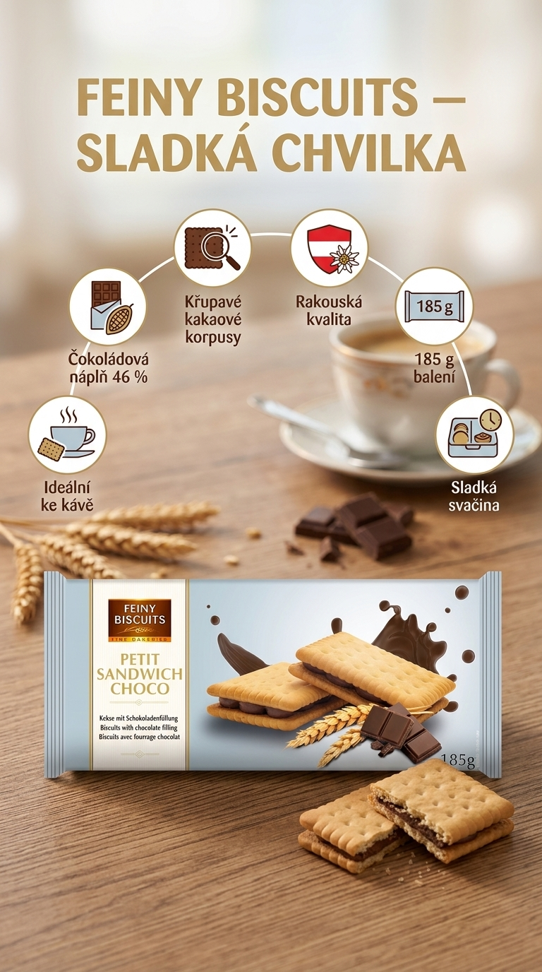 Feiny Biscuits kakaové sušenky s čokoládovou náplní 185 g - mobilní infografika