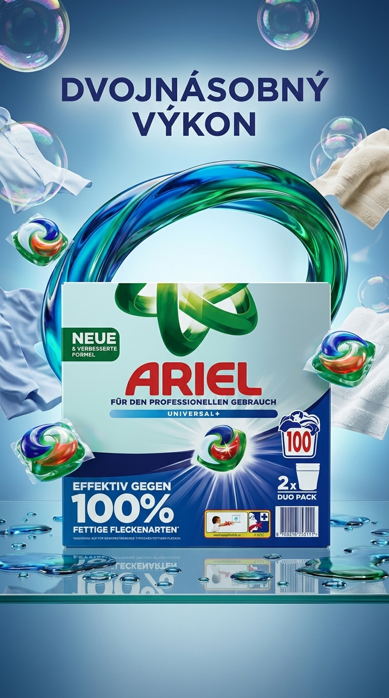 Ariel Professional gelové kapsle - reklamní poster dvojnásobný výkon