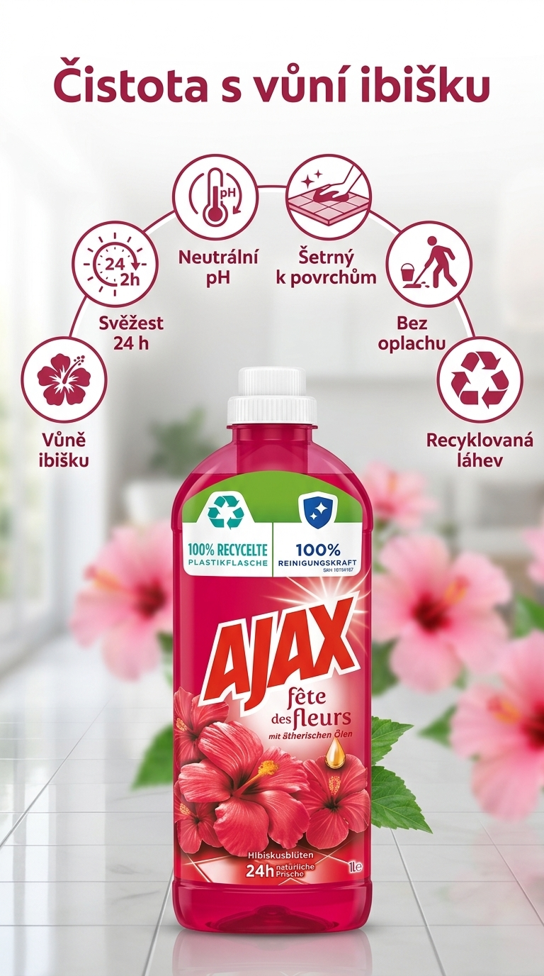 Ajax univerzální čistič na podlahy s vůní ibišku 1 l - mobilní infografika