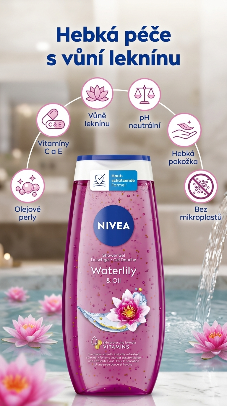 Nivea Waterlily & Oil sprchový gel - mobilní infografika
