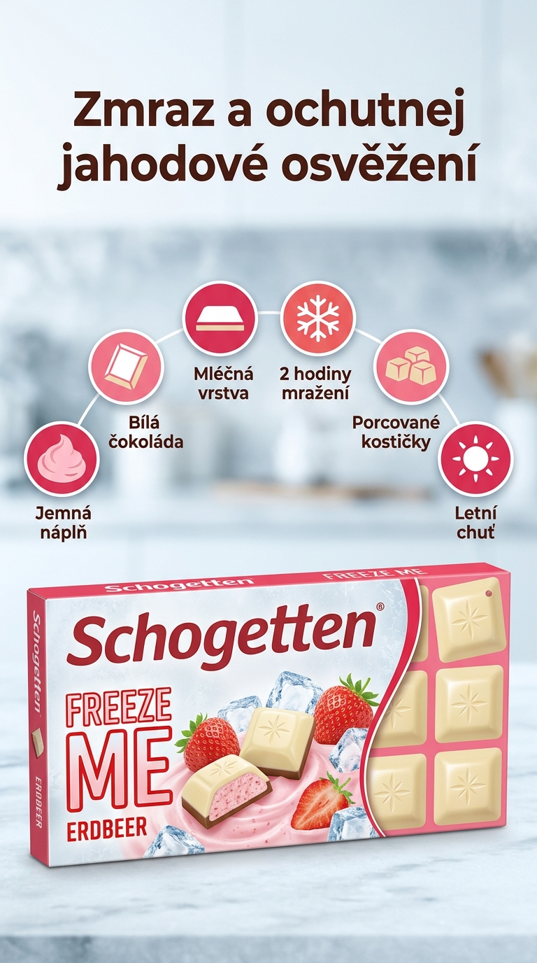 Schogetten Freeze Me bílá čokoláda s jahodami 100 g - mobilní infografika
