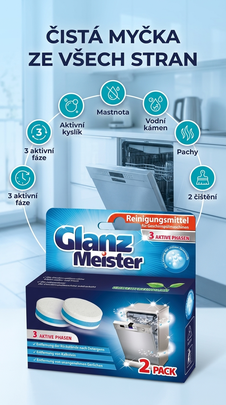 Glanz Meister čisticí tablety do myčky - mobilní infografika