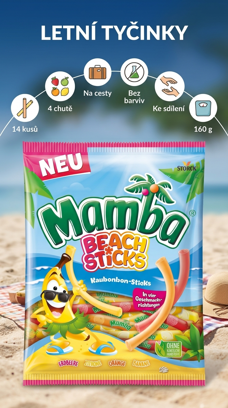 Mamba Beach Sticks ovocné žvýkací tyčinky - mobilní infografika