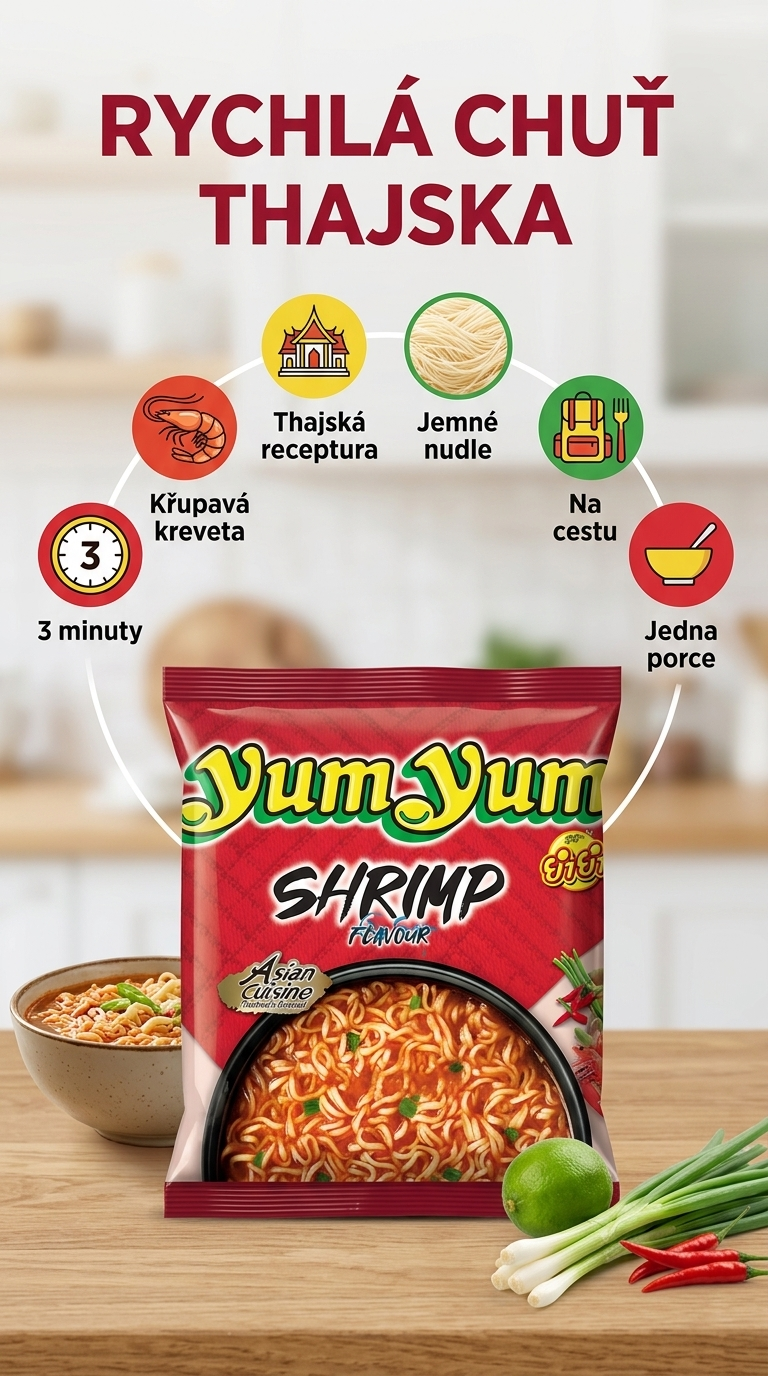Yum Yum instantní nudle s krevetami - mobilní infografika