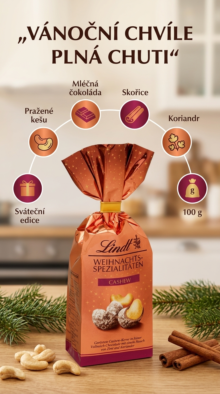 Lindt Vánoční kešu oříšek v čokoládě - mobilní infografika