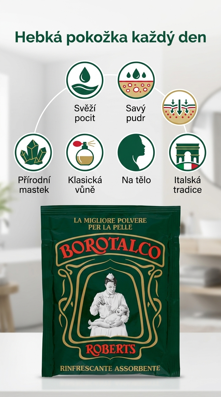 Borotalco tělový pudr Classico - mobilní infografika
