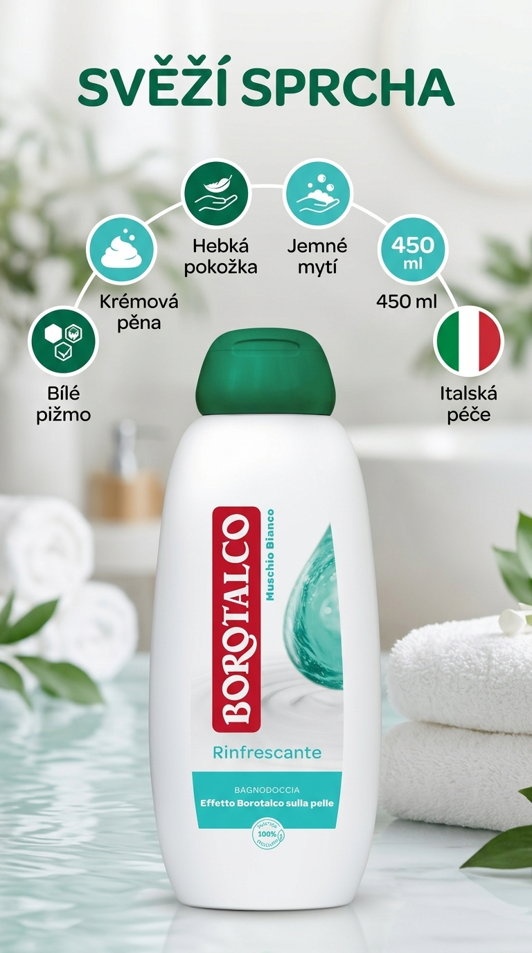 Borotalco sprchový gel Muschio Bianco - mobilní infografika