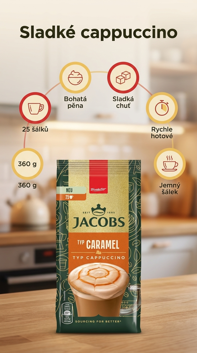 Jacobs Cappuccino Caramel instantní káva 360 g - mobilní infografika