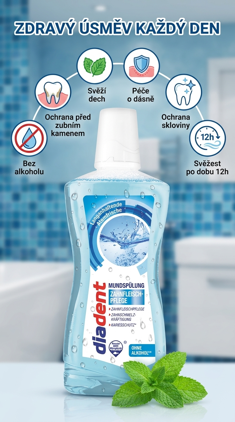 Diadent Fresh ústní voda 500ml – mobilní infografika s benefity
