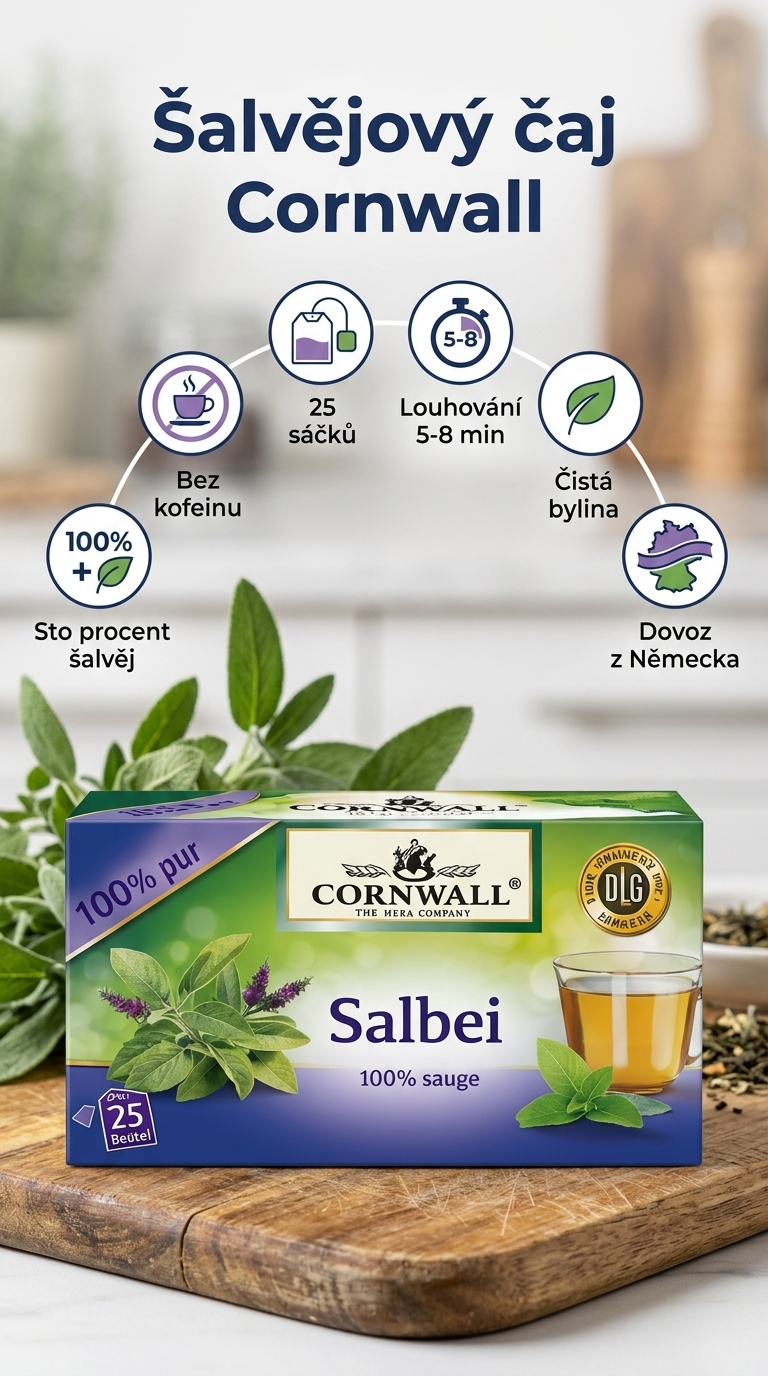 Cornwall bylinný čaj se šalvějí 100% 25 sáčků 50 g - mobilní infografika