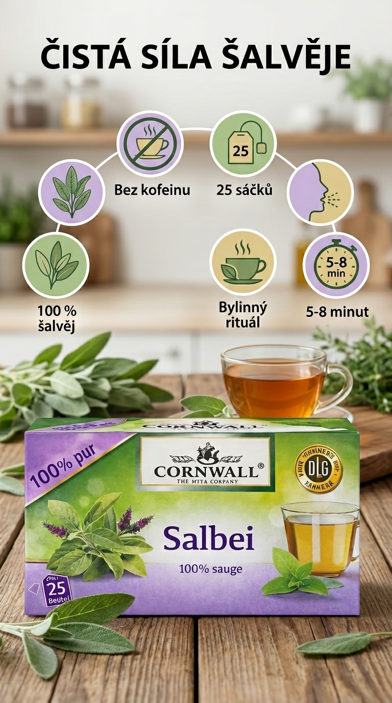 Cornwall bylinný čaj se šalvějí 100% 25 sáčků 50 g - mobilní infografika
