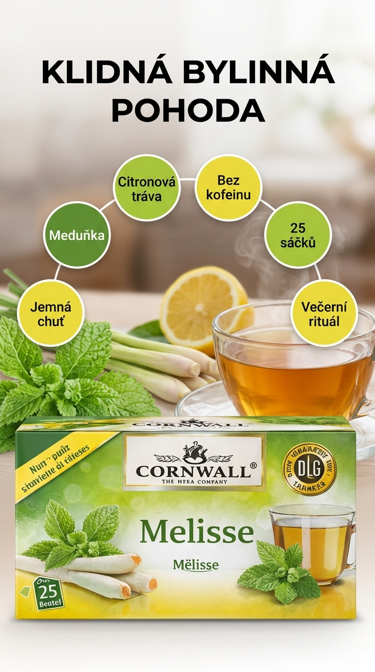 Cornwall meduňkový čaj s citronovou trávou - mobilní infografika