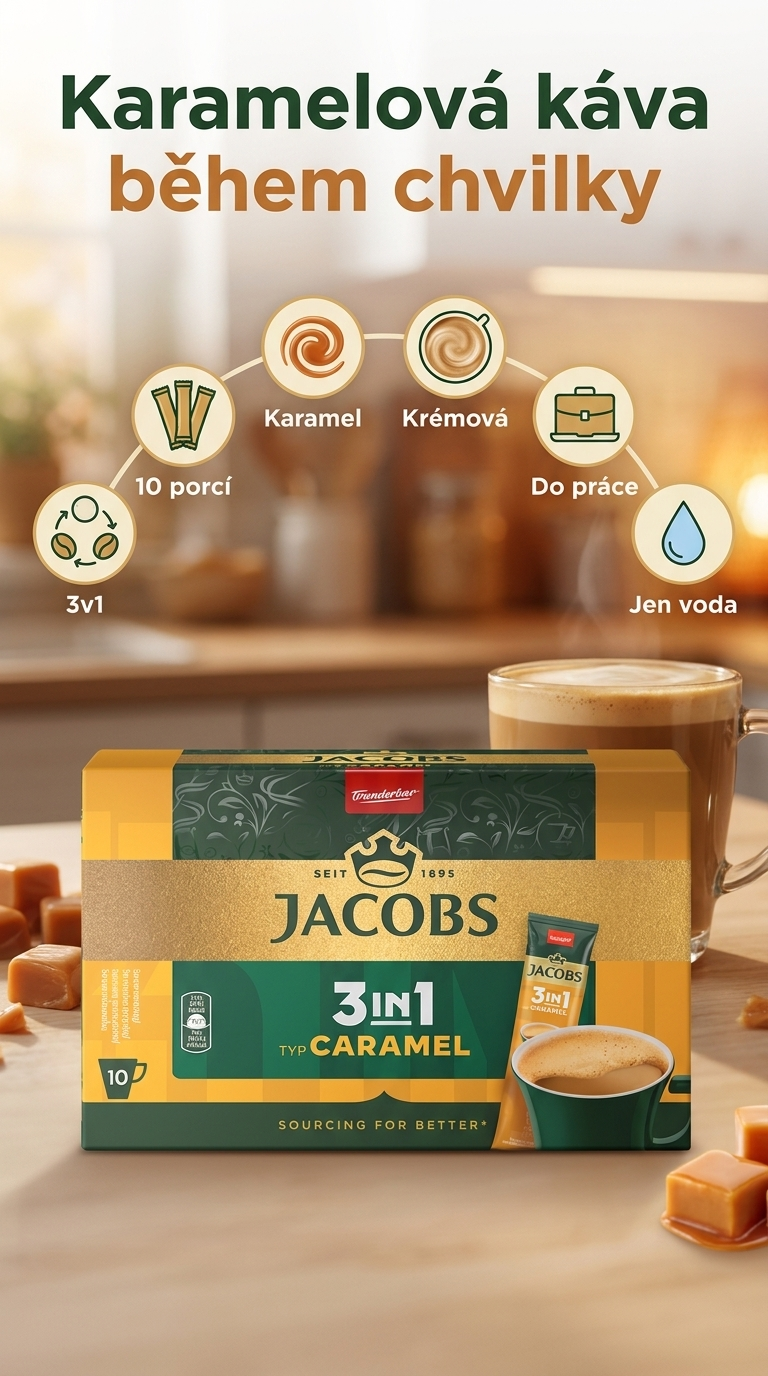 Jacobs instantní káva 3v1 s příchutí karamelu 10 ks 112 g - mobilní infografika