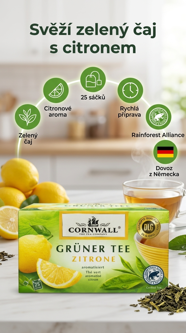 Cornwall zelený čaj s citronovým aroma - mobilní infografika
