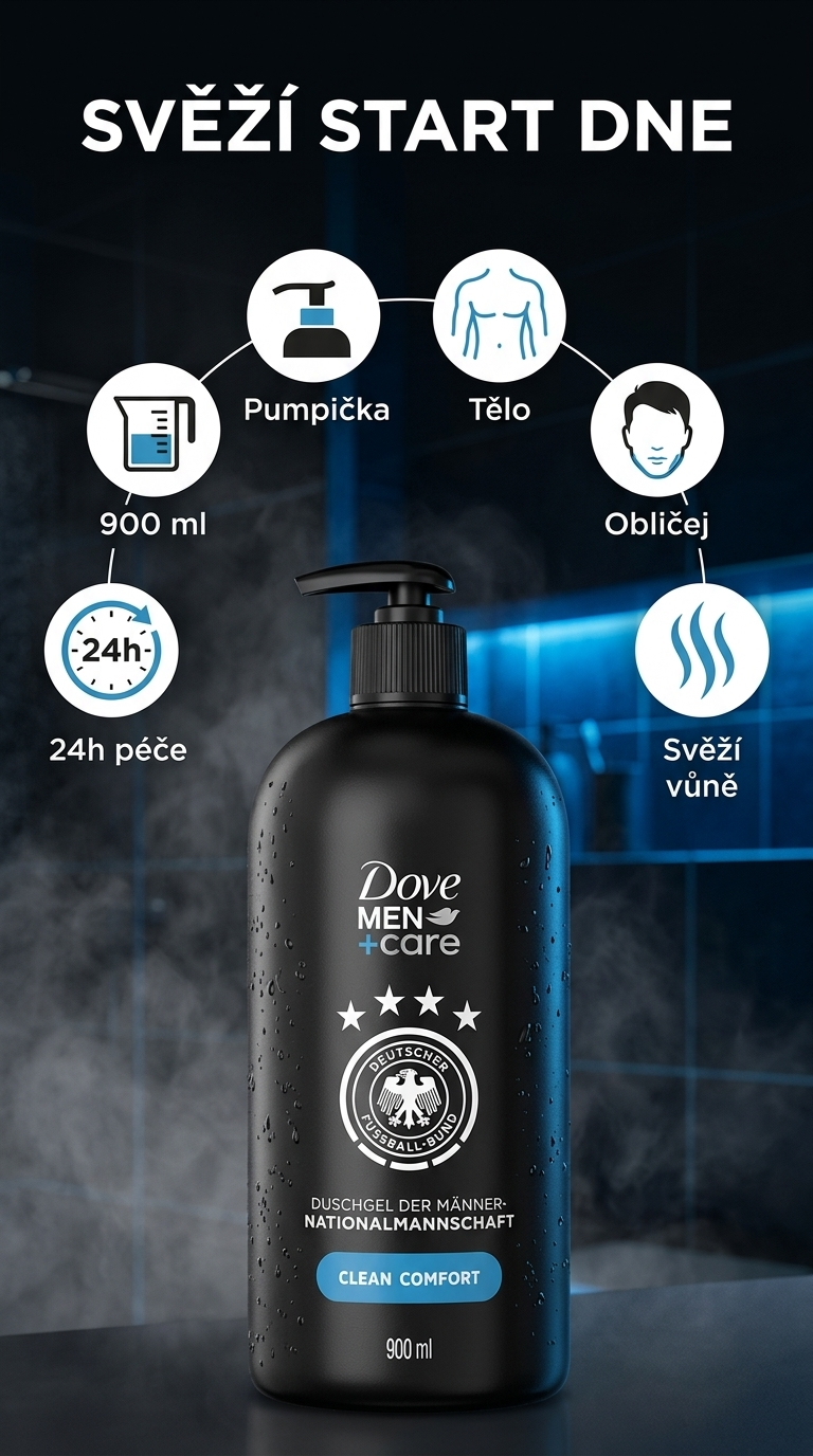 Dove Men+Care Clean Comfort sprchový gel pro muže s dávkovačem 900 ml - mobilni infografika
