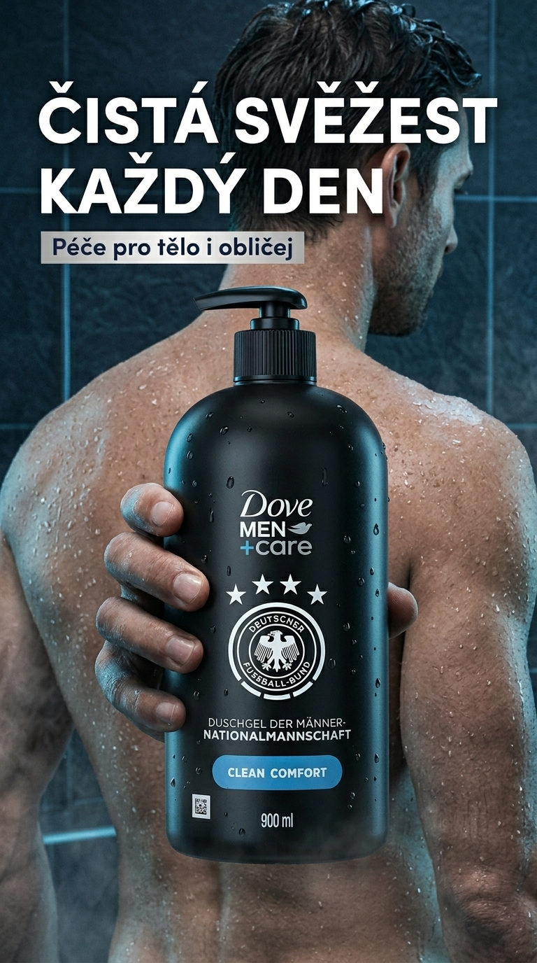 Dove Men+Care Clean Comfort sprchový gel pro muže s dávkovačem 900 ml - lifestyle poster