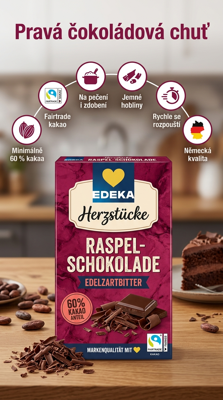 Edeka čokoládové hobliny z hořké čokolády - mobilní infografika