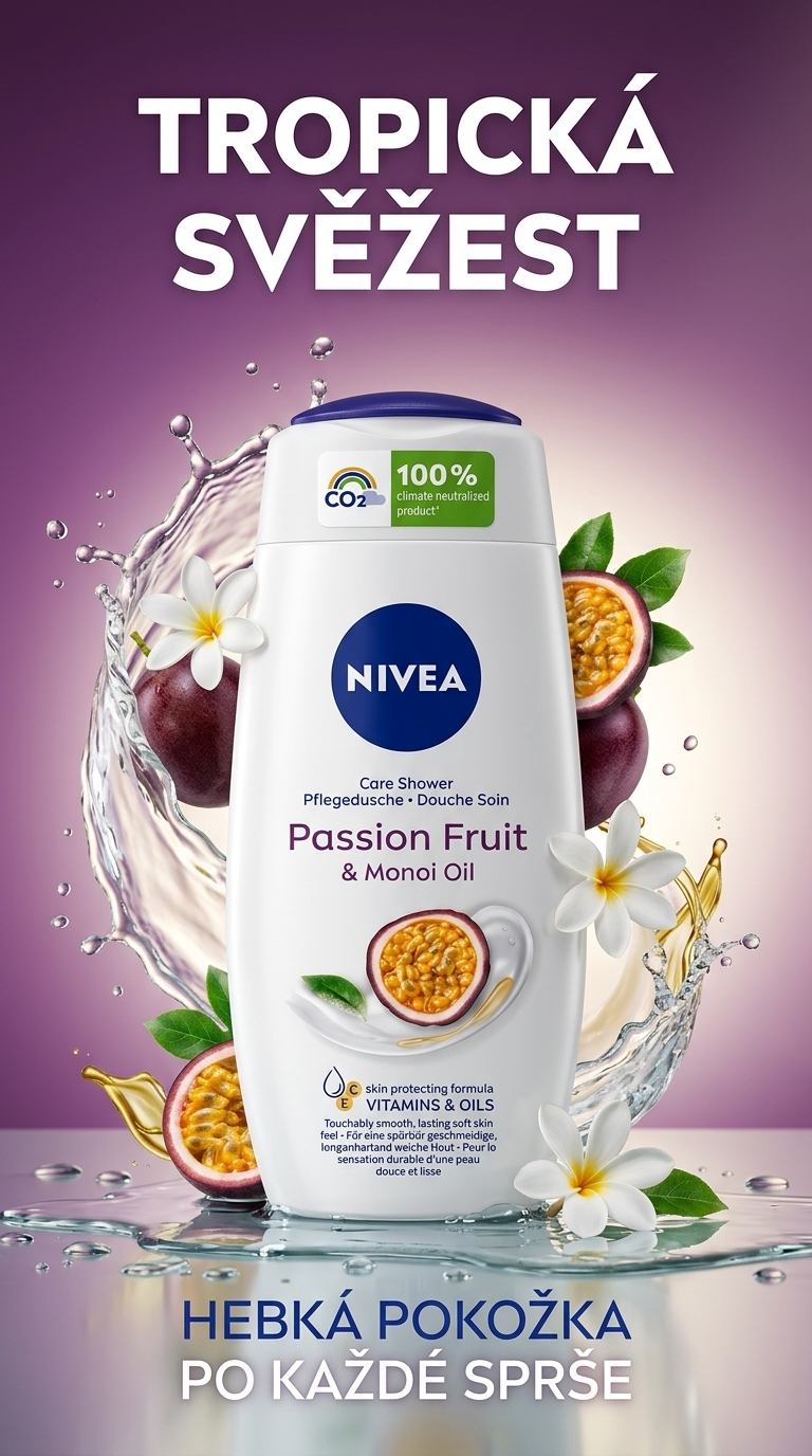 Nivea Passion Fruit Monoi Oil sprchový gel - tropický lifestyle poster