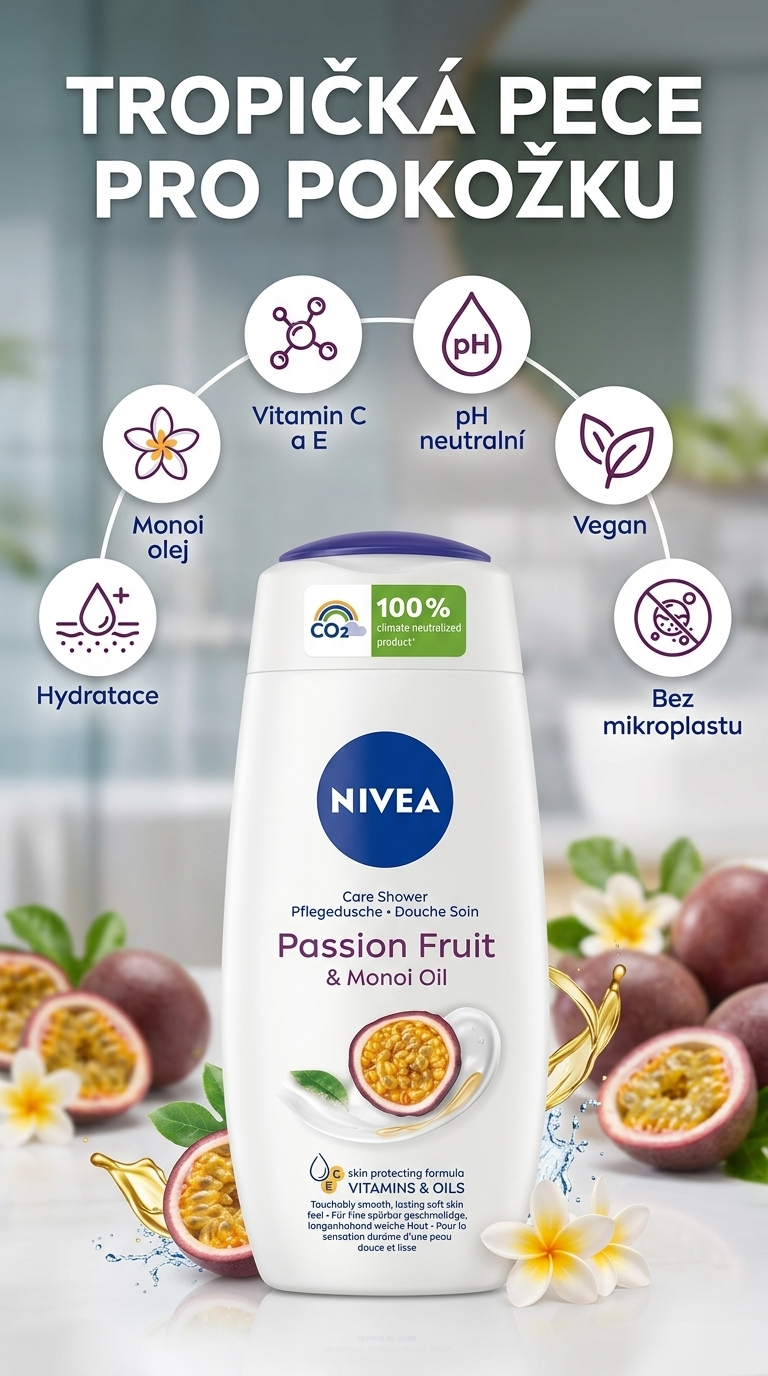 Nivea Passion Fruit & Monoi Oil sprchový gel - mobilní infografika