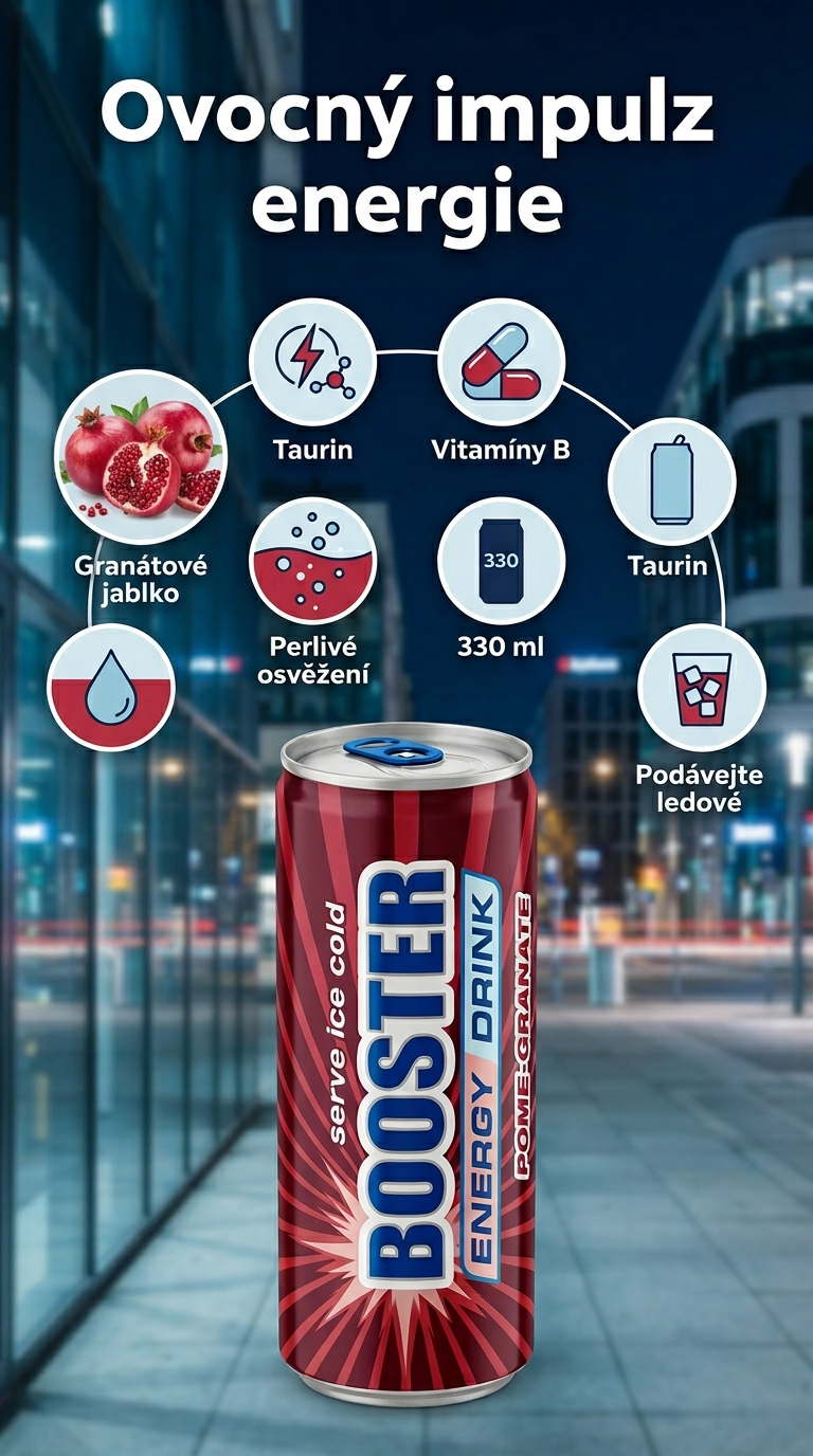 Booster energetický nápoj s příchutí granátového jablka 330 ml - mobilní infografika