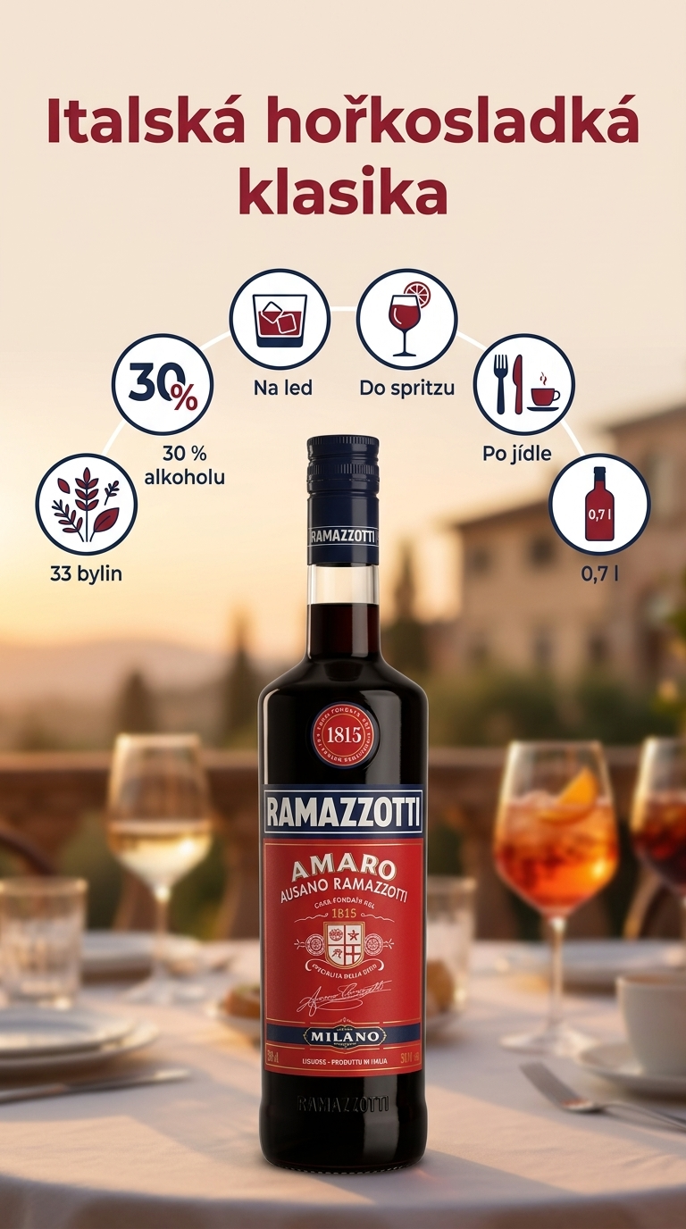 Ramazzotti Amaro bylinný likér 30 %, 0,7 l - mobilní infografika