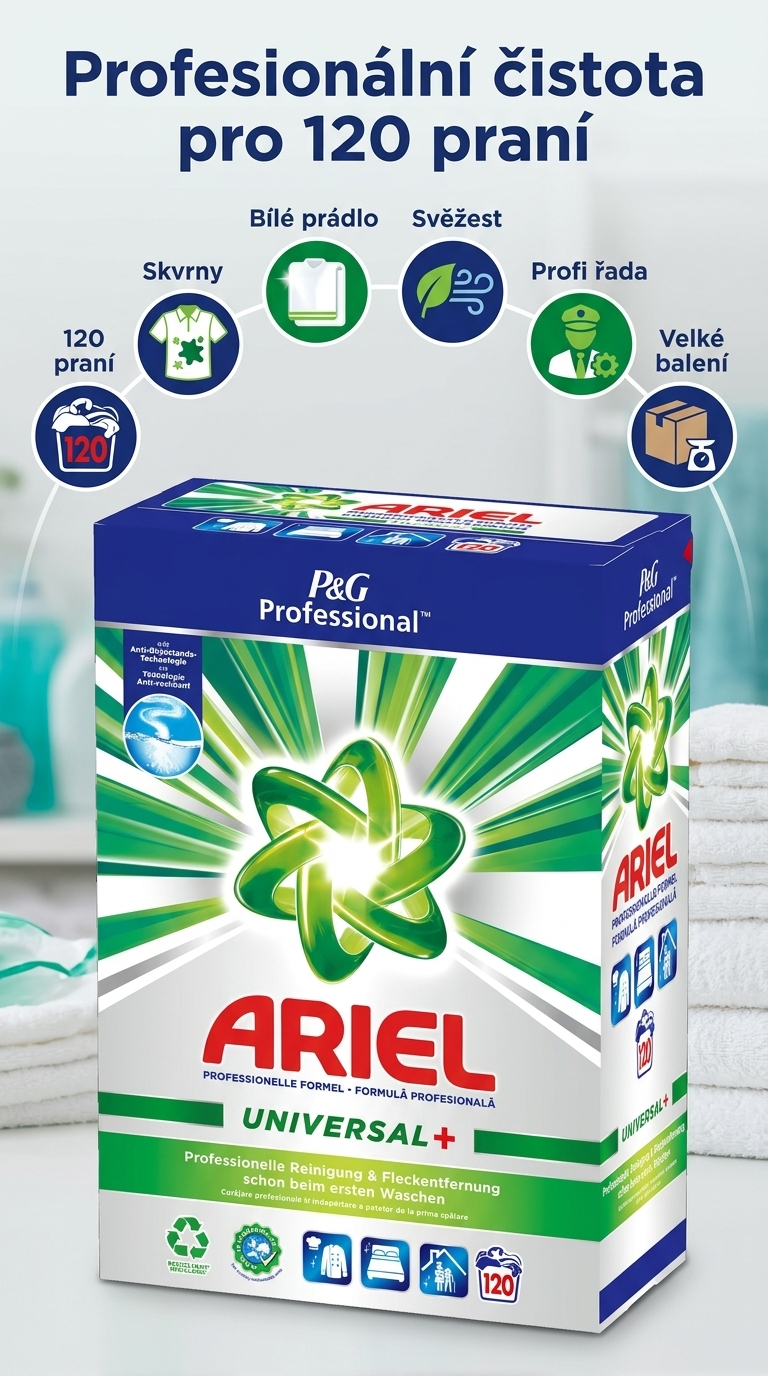 Ariel Professional univerzální prací prášek 120 praní, 7,2 kg - mobilní infografika