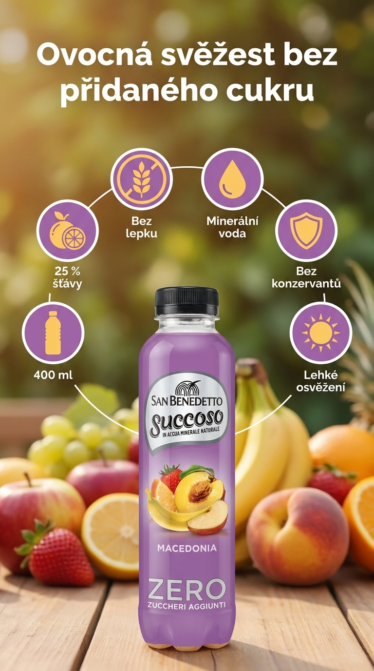San Benedetto ovocný nápoj Succoso Macedonia Zero 0,4 l - mobilní infografika
