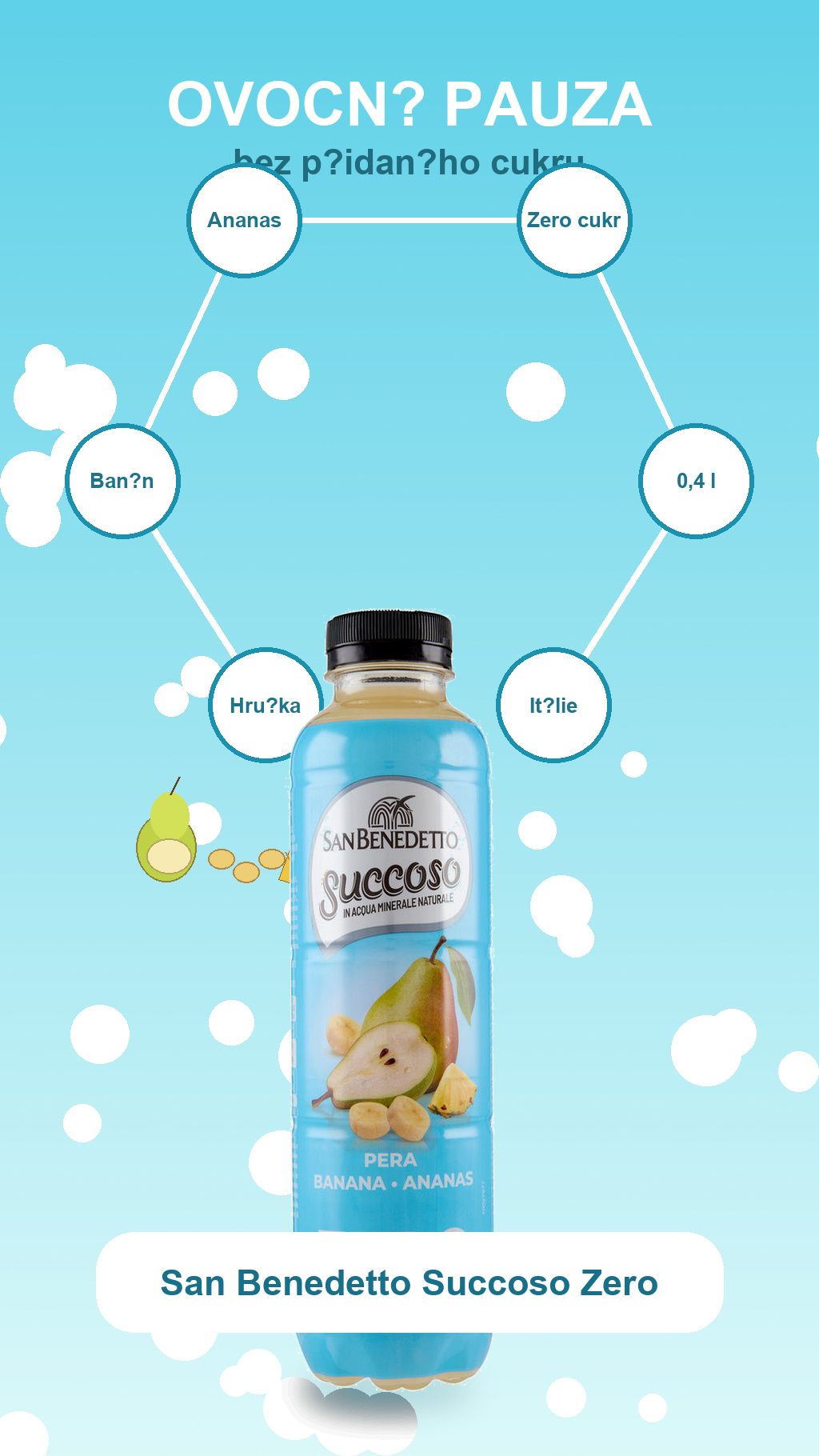 San Benedetto ovocny napoj Succoso hruska, banan a ananas Zero 0,4 l - mobilni infografika
